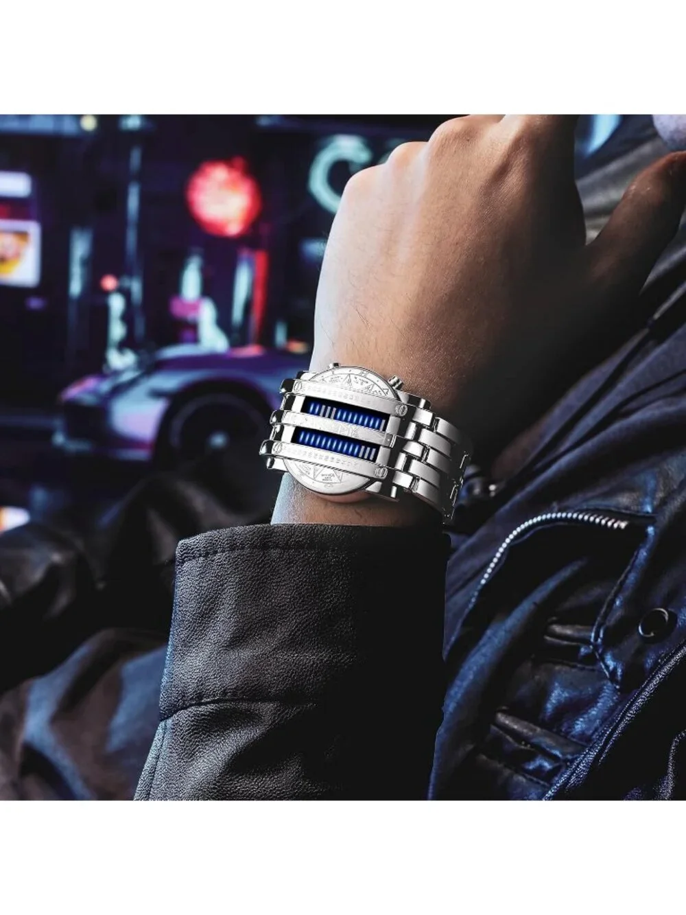 Men's Silver Blue Analog Quartz Bracelet Waterproof Binary Matrix Digital Watch